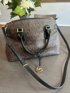 Michael Kors Dark Brown MK Logo Satchel with Gold Hardware